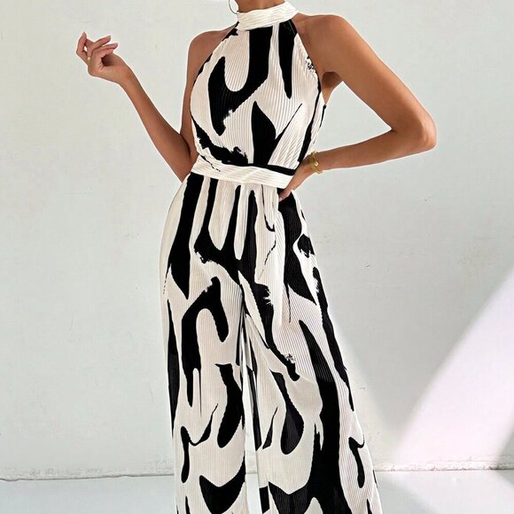 Black and White Casual Women's Elegant Commuting Loose Long Jumpsuit - Picture 6 of 7